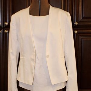 Ann Taylor white suit jacket + business top.